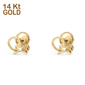 14K Yellow Gold Solid Arrow Heart Love Studs Earring Best Birthday Or Anniversary Valentines Gift